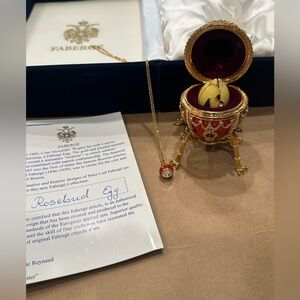 FABERGE Imperial Egg Red Rosebud egg yellow rose and necklace.